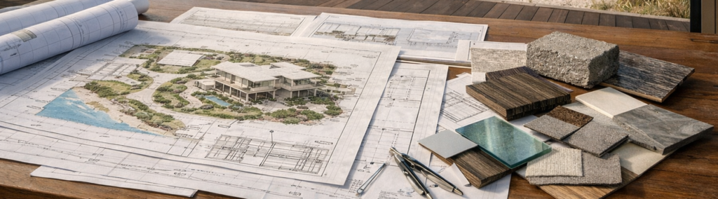 Architectural blueprints and material samples spread across a table, representing custom home design planning for Martin County homeowners