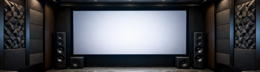 Luxury home theater room with professional audio-visual setup and custom acoustic treatments, showcasing Masterpiece Builders' custom home theater design expertise