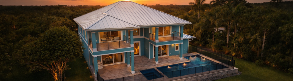 Aerial sunset view of a luxury renovated home in Martin County, featuring a blue exterior, wraparound balcony, and sparkling pool.