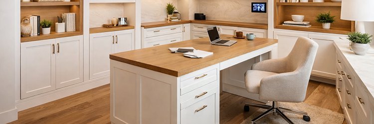 Custom built-in home office with white shaker cabinetry, warm wood countertops, and a center island desk. A refined and functional interior design solution for Martin County homeowners by Masterpiece Builders.