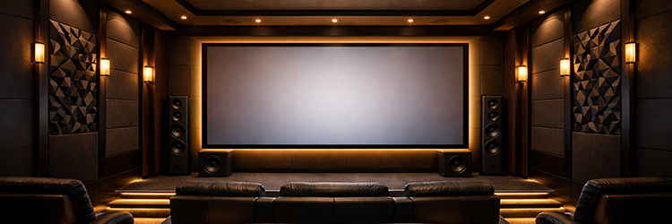 Custom home theater with warm ambient wall sconces, LED step lighting, and screen backlighting creating a layered lighting design for an immersive viewing experience