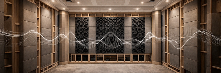 Interior view of a custom home theater under construction showing acoustic wall panels and diffusers with animated sound waves, highlighting the importance of acoustics in home theater design