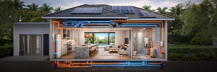 Cutaway diagram of a custom home in Martin County showing integrated mechanical systems including solar panels, HVAC ductwork, plumbing, and electrical specified by Masterpiece Builders
