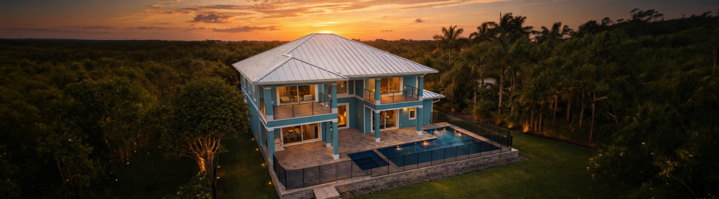 Aerial sunset view of a luxury two-story blue home with a pool in South Florida, surrounded by lush tropical landscaping