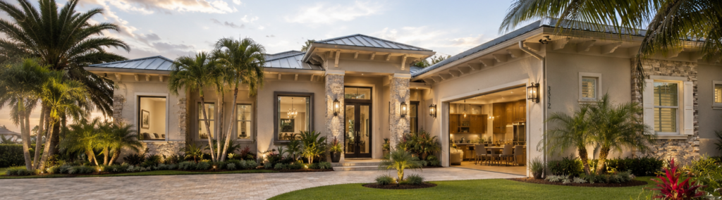Luxury Florida home exterior with tropical landscaping, stone accents, and open living spaces, showcasing the results of professional home remodeling in Martin County.