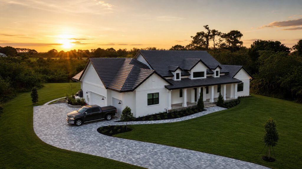 Aerial view of a white modern farmhouse custom home and curved paver drive at sunset in Stuart, FL, built by Masterpiece Design/Build